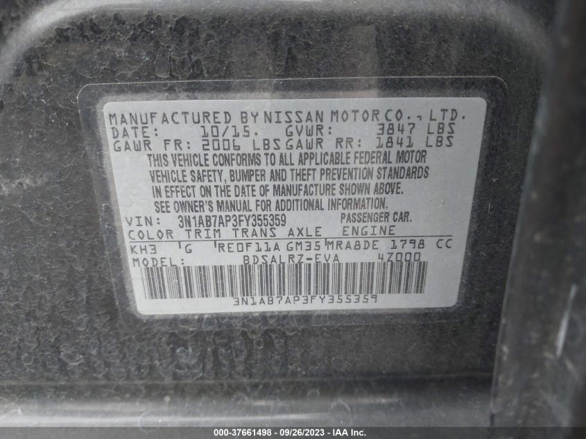 2015 NISSAN SENTRA SR - 3N1AB7AP3FY355359