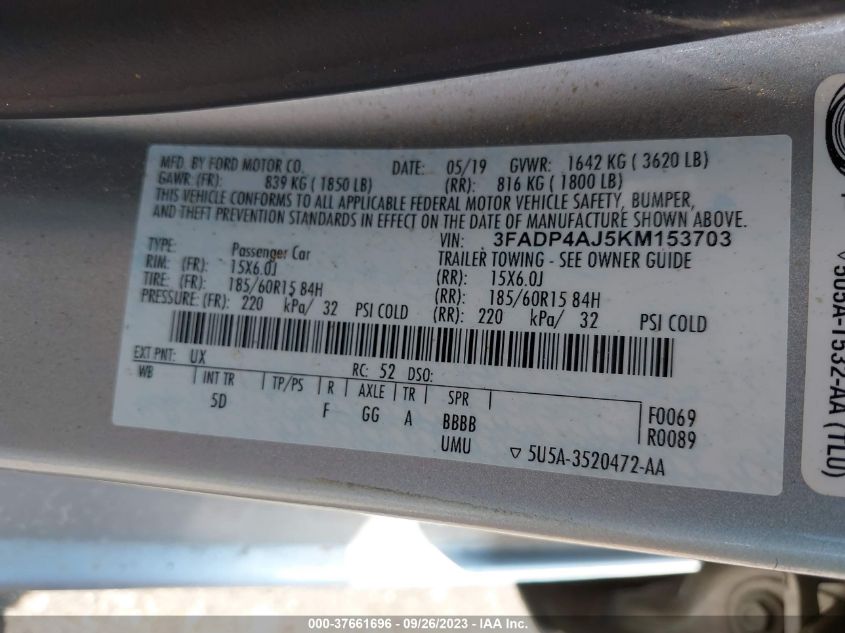 2019 FORD FIESTA S - 3FADP4AJ5KM153703