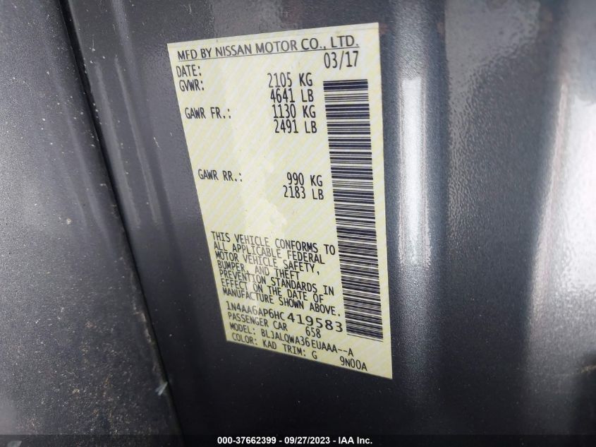 2017 NISSAN MAXIMA S - 1N4AA6AP6HC419583