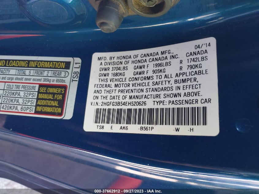 2014 HONDA CIVIC COUPE LX 2HGFG3B54EH520626