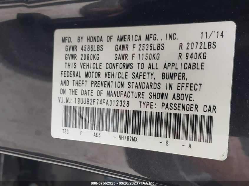 2015 ACURA TLX V6 ADVANCE - 19UUB2F74FA012328