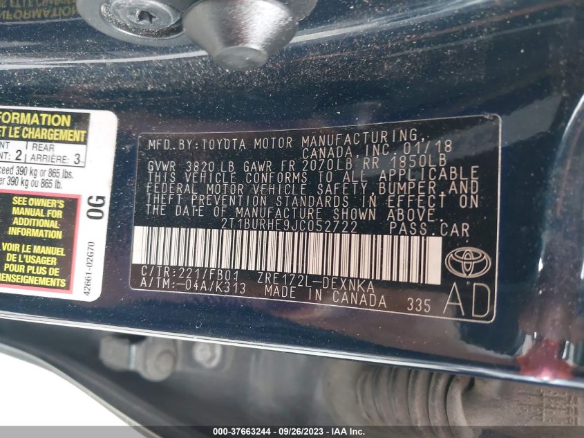 2018 TOYOTA COROLLA L/LE/XLE/SE/XSE - 2T1BURHE9JC052722