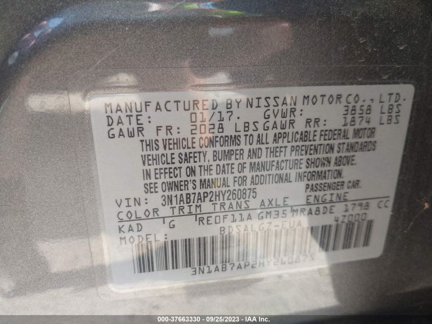 2017 NISSAN SENTRA SL - 3N1AB7AP2HY260875