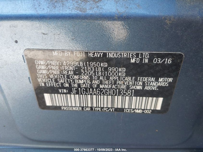 2016 SUBARU IMPREZA SEDAN JF1GJAA62GH013581