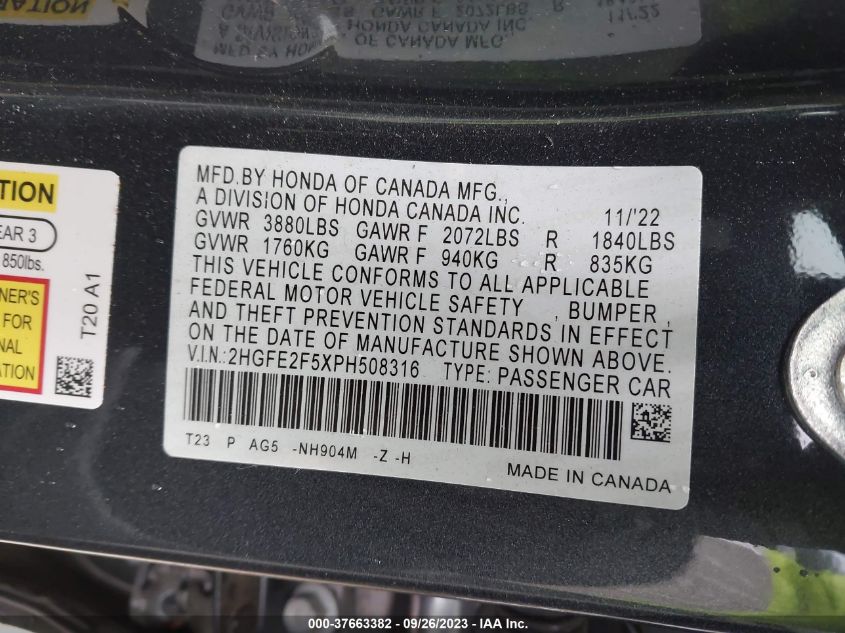 2HGFE2F5XPH508316 Honda Civic Sedan SPORT 9