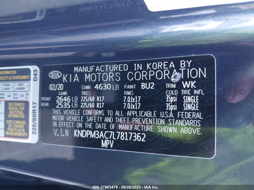 VIN KNDPM3AC7L7817362 2020 KIA SPORTAGE LX