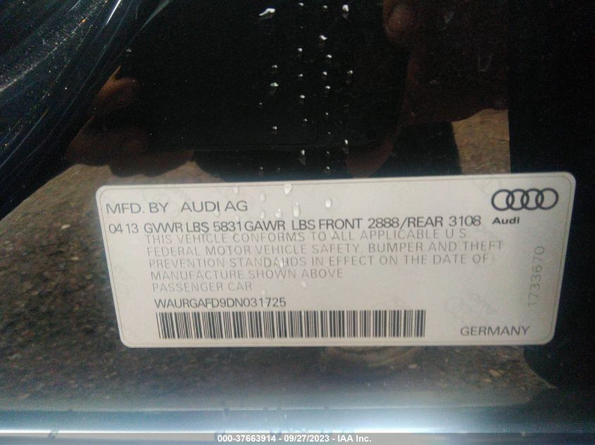2013 AUDI A8 L 3.0T WAURGAFD9DN031725