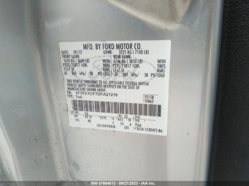 2013 FORD F-150 XL/STX/XLT/FX2/LARIAT - 1FTFX1CF7DFA21216