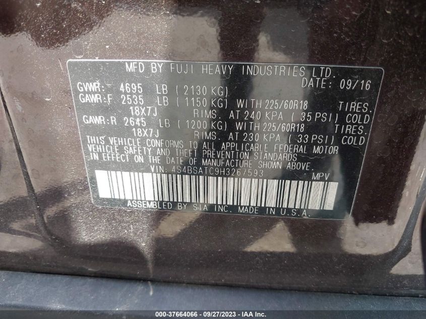 2017 SUBARU OUTBACK TOURING - 4S4BSATC9H3267593
