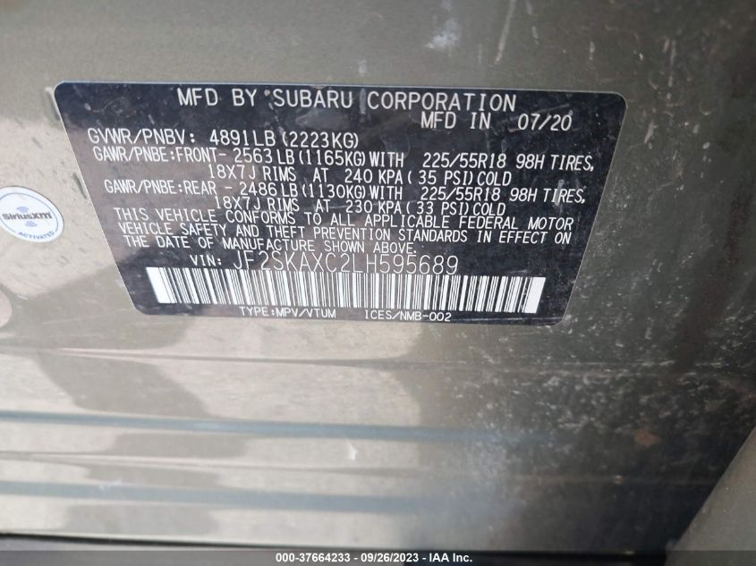 VIN JF2SKAXC2LH595689 2020 SUBARU FORESTER TOURING