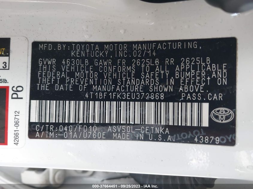 2014 TOYOTA CAMRY L/LE/XLE/SE/SE SPORT - 4T1BF1FK3EU372868