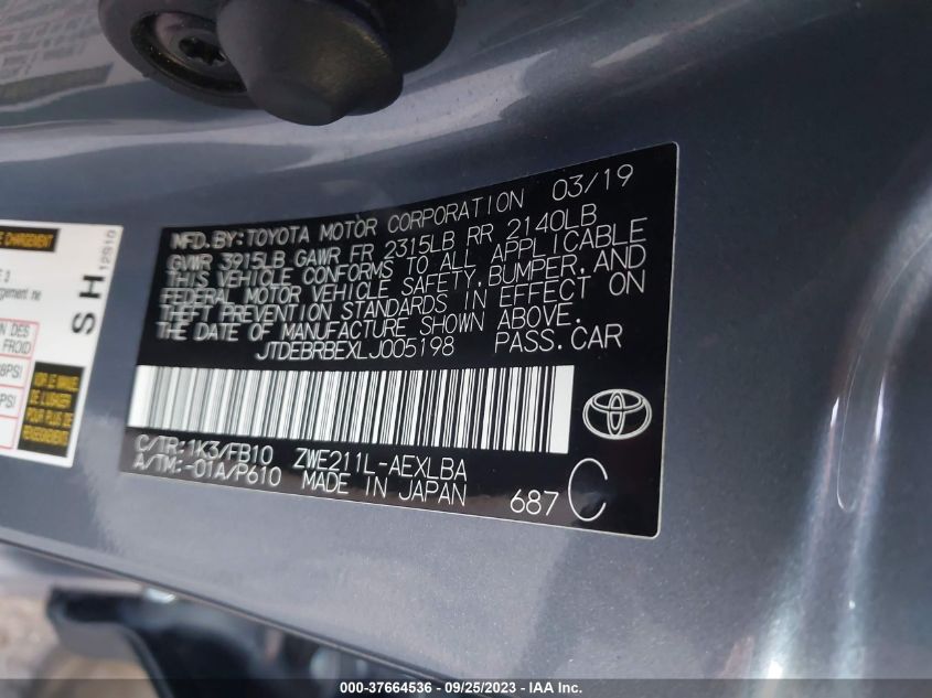 2020 TOYOTA COROLLA HYBRID LE - JTDEBRBEXLJ005198