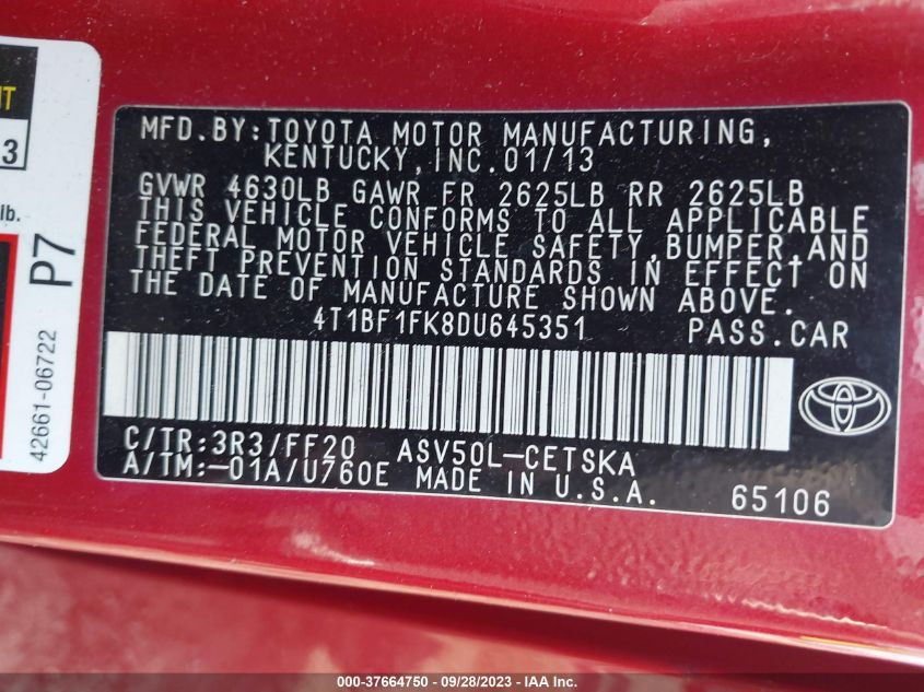 2013 TOYOTA CAMRY LE - 4T1BF1FK8DU645351