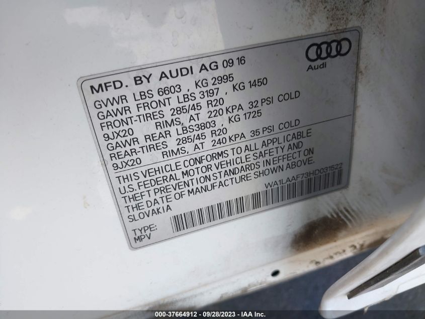 WA1LAAF73HD031522 2017 AUDI Q7, photo no. 9