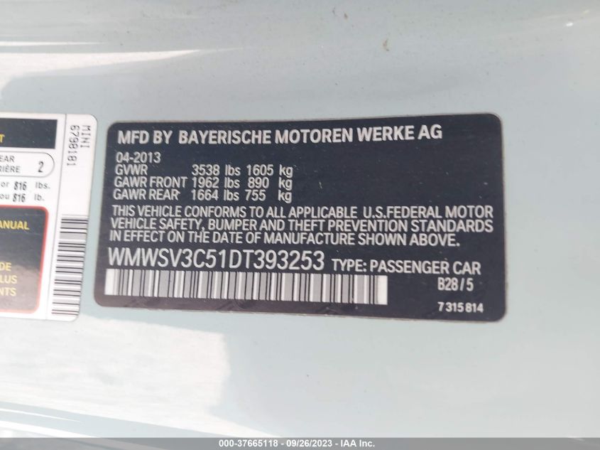 2013 MINI COOPER HARDTOP S WMWSV3C51DT393253
