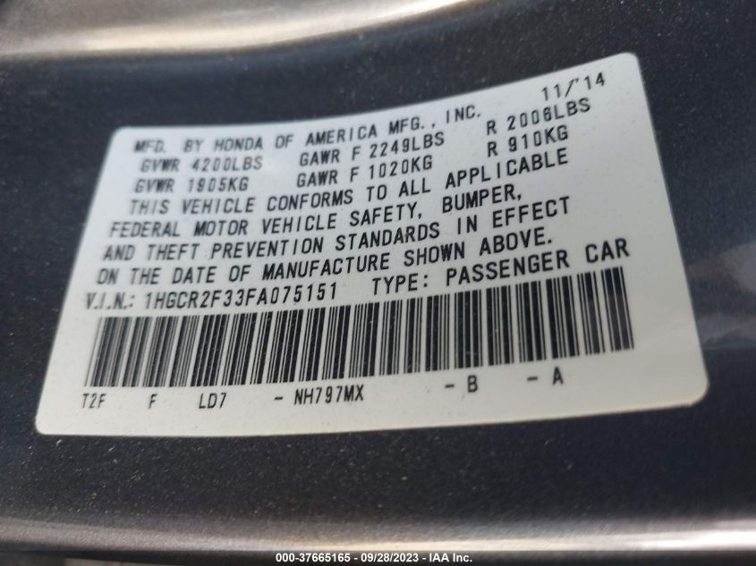 2015 HONDA ACCORD SEDAN LX - 1HGCR2F33FA075151