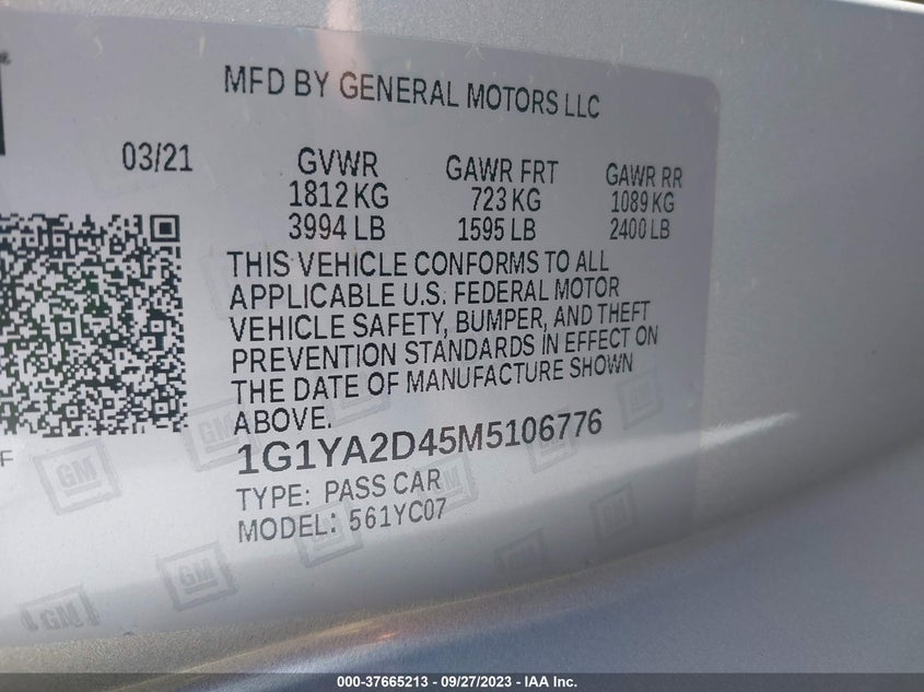 2021 CHEVROLET CORVETTE 6.2L V8 DI(VIN: 1G1YA2D45M5106776