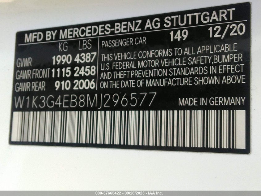 VIN W1K3G4EB8MJ296577 2021 MERCEDES-BENZ A-CLASS A 220