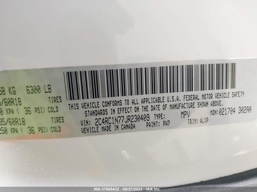 VIN 2C4RC1N77JR230409 2018 CHRYSLER PACIFICA HYBRID LIMITED