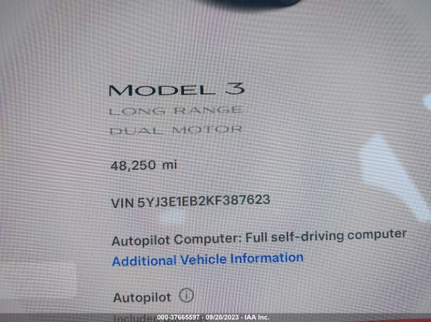 2019 TESLA MODEL 3 LONG RANGE/PERFORMANCE - 5YJ3E1EB2KF387623