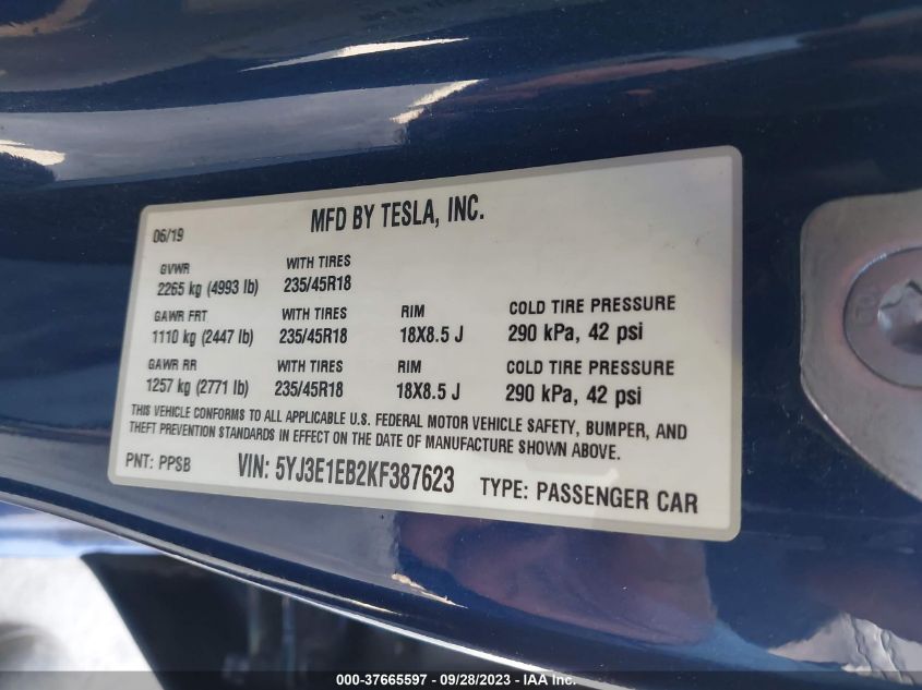 2019 TESLA MODEL 3 LONG RANGE/PERFORMANCE - 5YJ3E1EB2KF387623