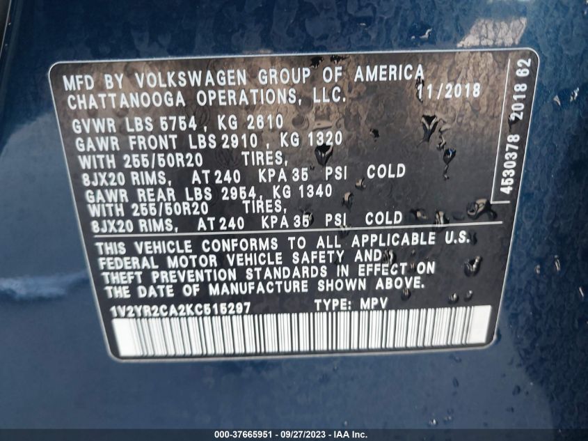 2019 VOLKSWAGEN ATLAS 3.6L V6 SE W - 1V2YR2CA2KC515297