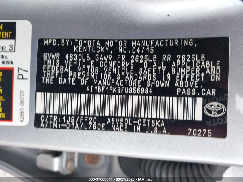 2015 TOYOTA CAMRY XLE/SE/LE/XSE - 4T1BF1FK9FU956984