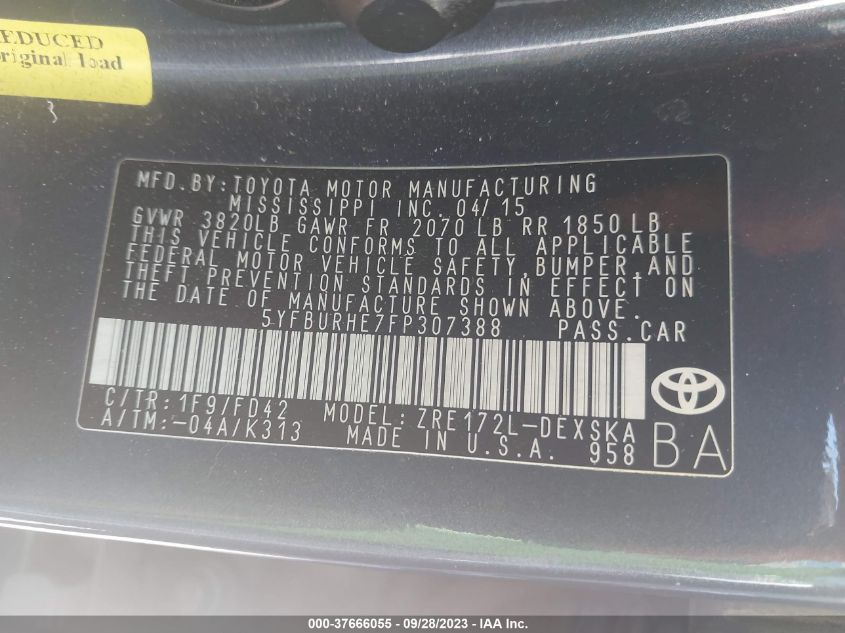 2015 TOYOTA COROLLA L/LE/S/S PLUS/LE PLUS - 5YFBURHE7FP307388