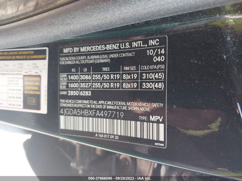 2015 MERCEDES-BENZ ML 350 4JGDA5HBXFA497719