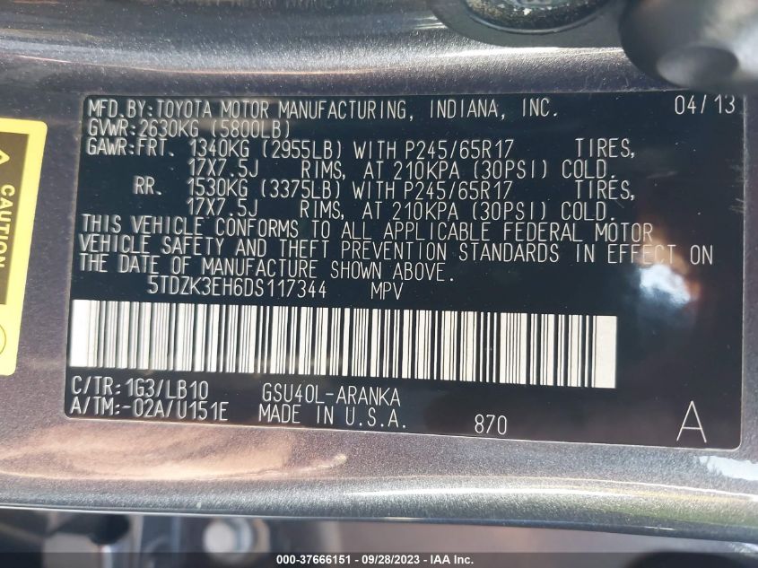 2013 TOYOTA HIGHLANDER - 5TDZK3EH6DS117344