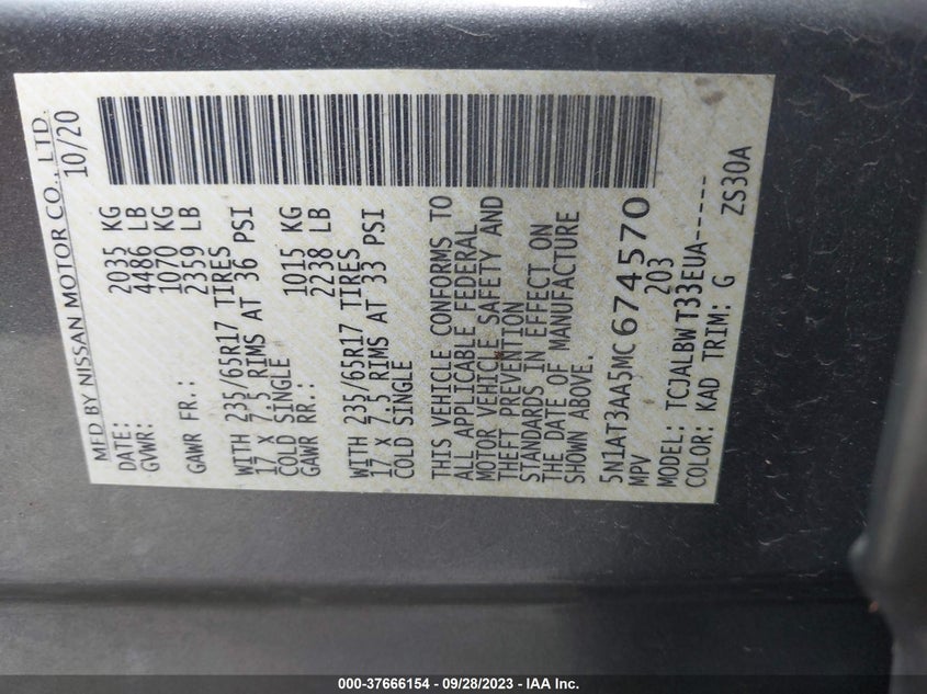 VIN 5N1AT3AA5MC674570 2021 NISSAN ROGUE S