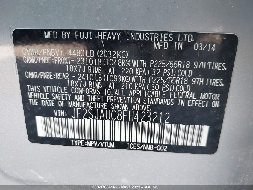 2015 SUBARU FORESTER 2.5I TOURING - JF2SJAUC8FH423212