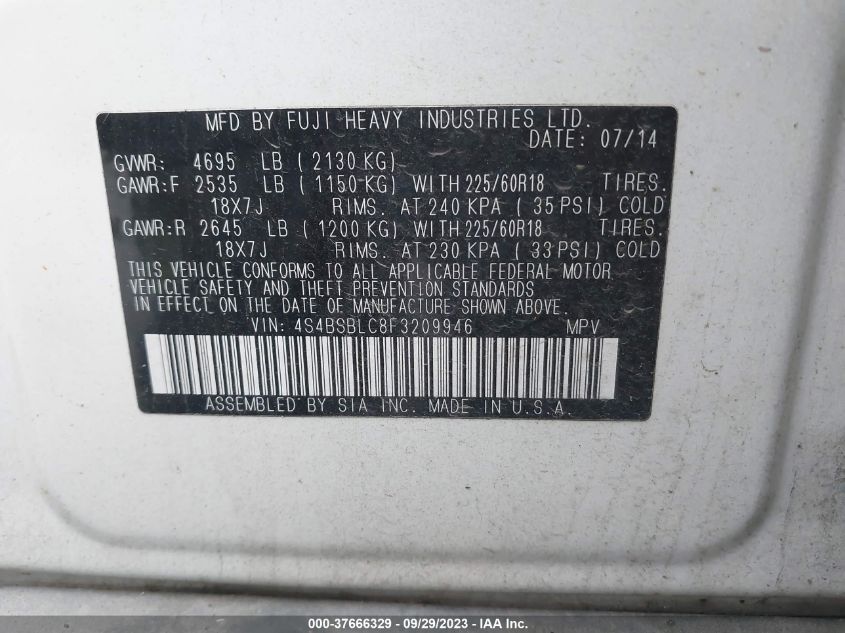 2015 SUBARU OUTBACK 2.5I LIMITED - 4S4BSBLC8F3209946