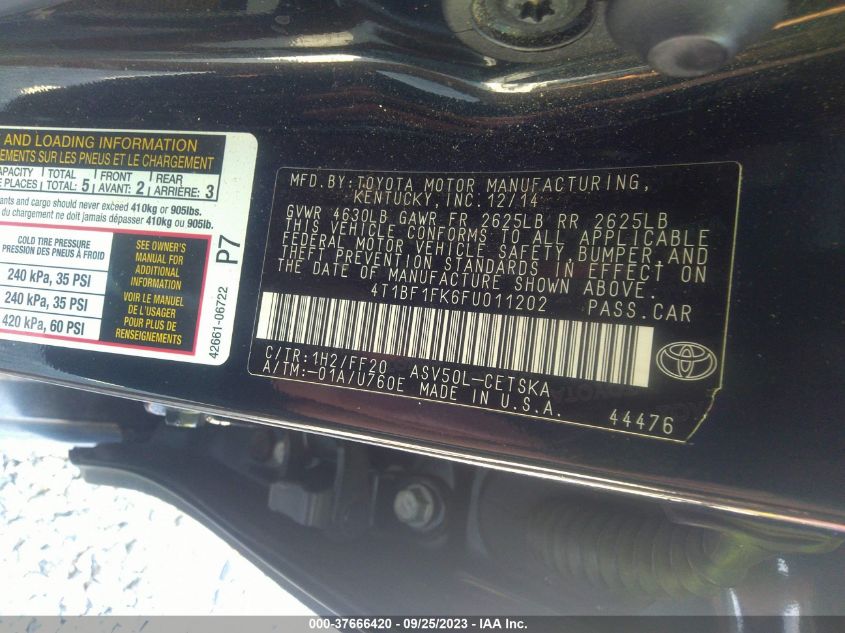 2015 TOYOTA CAMRY XLE/SE/LE/XSE - 4T1BF1FK6FU011202