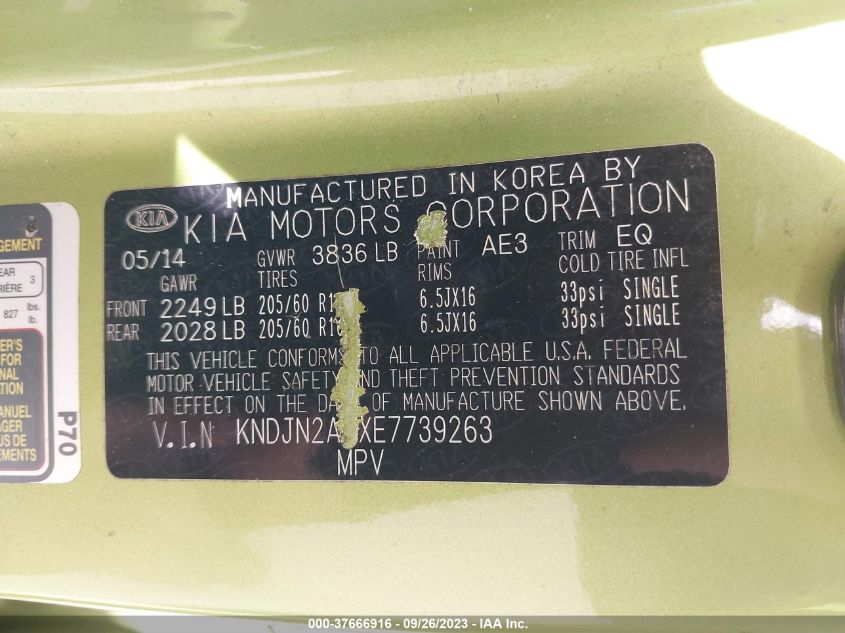2014 KIA SOUL BASE - KNDJN2A2XE7739263