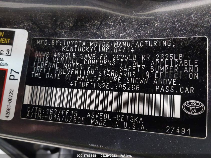 2014 TOYOTA CAMRY L/LE/XLE/SE/SE SPORT - 4T1BF1FK2EU395266
