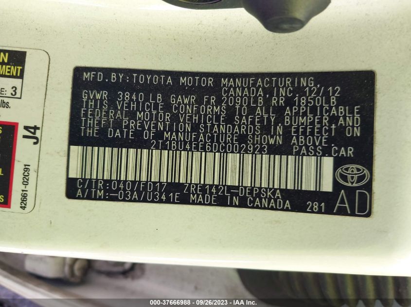 2013 TOYOTA COROLLA L/LE/S - 2T1BU4EE6DC002923