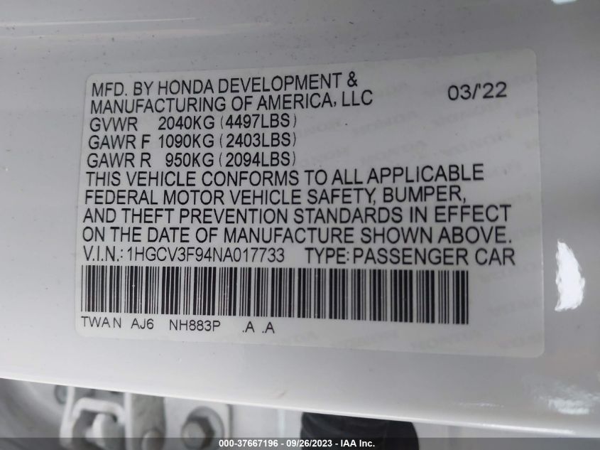 1HGCV3F94NA017733 Honda Accord Hybrid TOURING 9