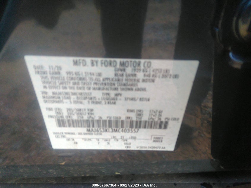 VIN MAJ6S3KL3MC403557 2021 FORD ECOSPORT TITANIUM