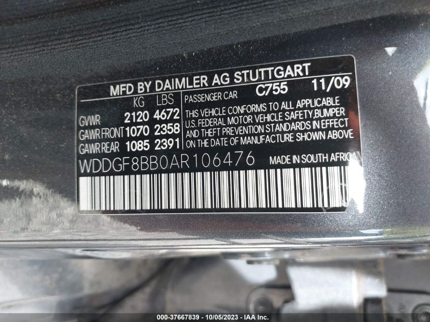 WDDGF8BB0AR106476 | 2010 MERCEDES-BENZ C 300