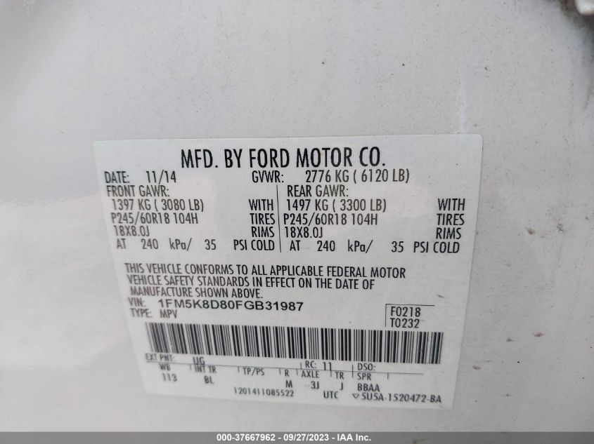 2015 FORD EXPLORER XLT - 1FM5K8D80FGB31987