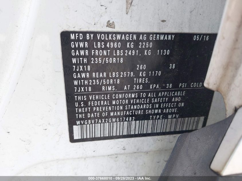 2016 VOLKSWAGEN TIGUAN SE - WVGBV7AX2GW617482