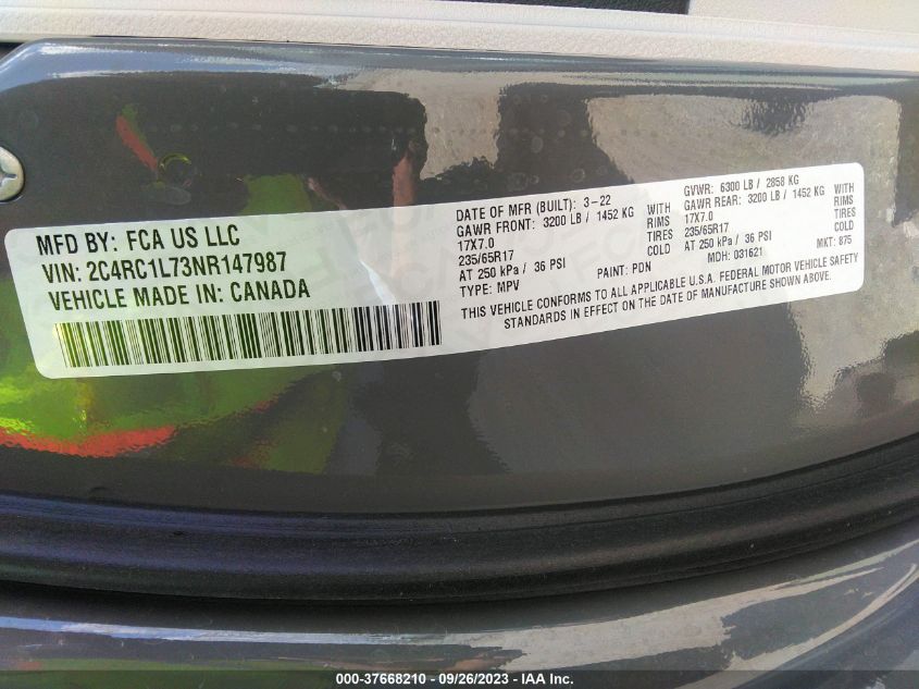 VIN 2C4RC1L73NR147987 2022 CHRYSLER PACIFICA HYBRID TOURING L