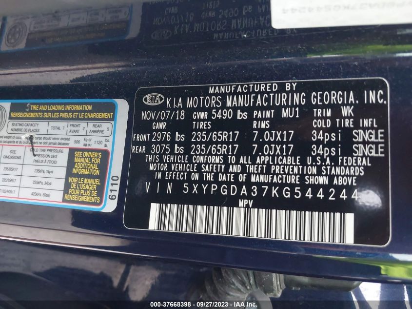 VIN 5XYPGDA37KG544244 2019 KIA SORENTO no.9