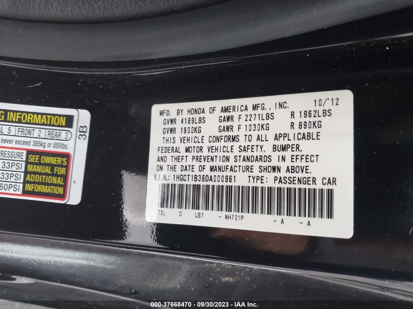 2013 HONDA ACCORD CPE LX-S 1HGCT1B36DA000961