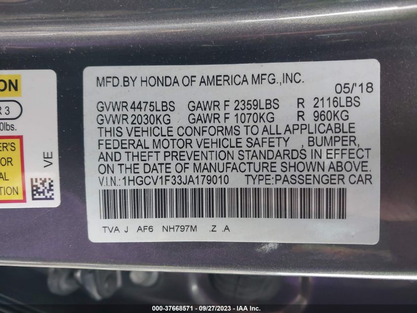 2018 HONDA ACCORD SEDAN SPORT 1.5T - 1HGCV1F33JA179010