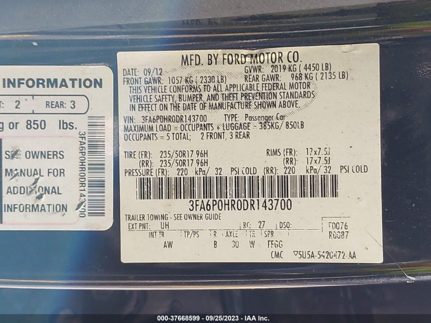 2013 FORD FUSION SE - 3FA6P0HR0DR143700