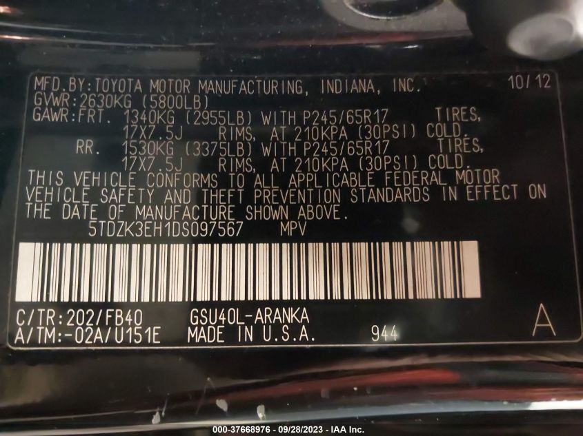 2013 TOYOTA HIGHLANDER - 5TDZK3EH1DS097567