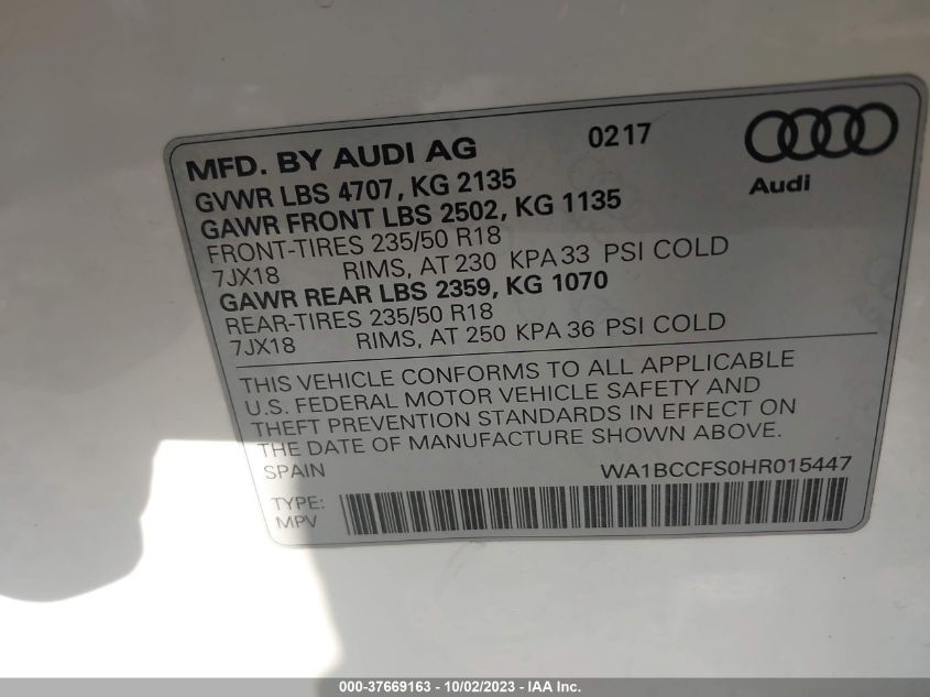 2017 AUDI Q3 PREMIUM - WA1BCCFS0HR015447