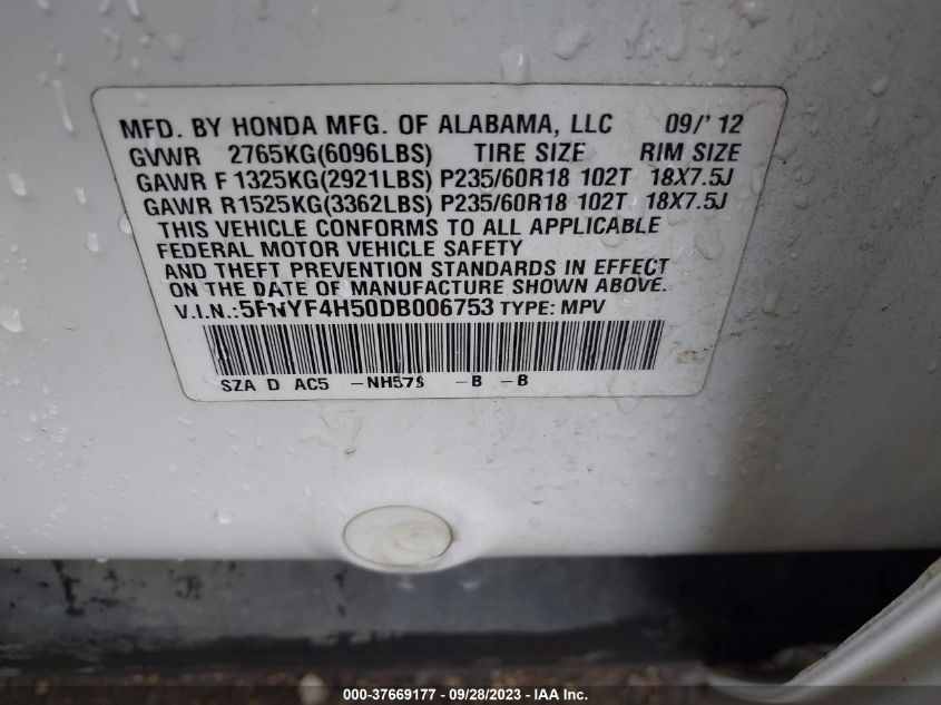 2013 HONDA PILOT EX-L - 5FNYF4H50DB006753